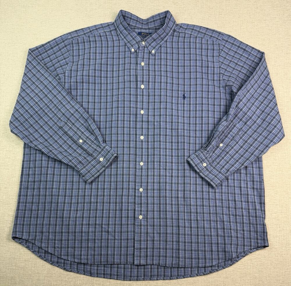 Polo Ralph Lauren Shirt Men’s 3XB Big Blue Plaid Cotton Long Sleeve Button Down